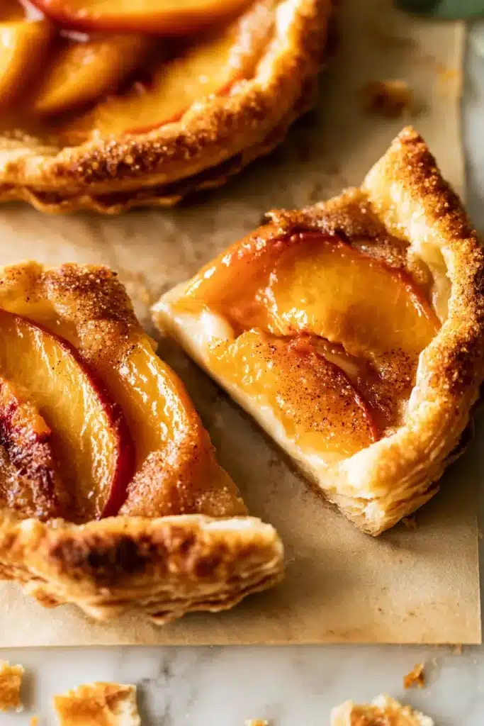 Mini Peach and Cream Cheese Tarts 3 Mini peach and cream cheese tarts showing flaky pastry and creamy filling