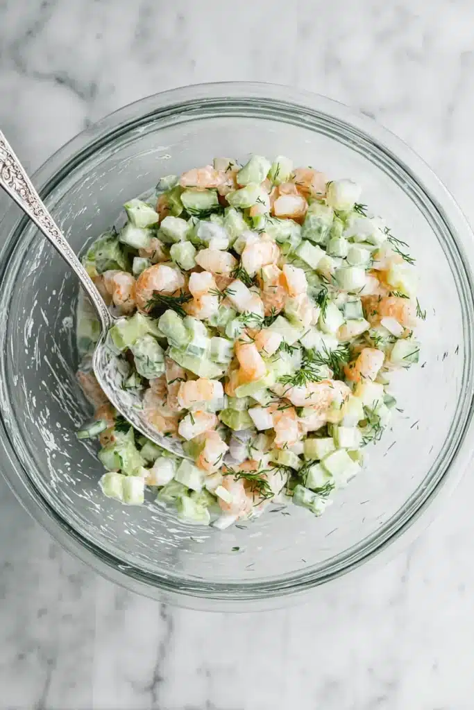 Cucumber Shrimp Salad 5 Cucumber Shrimp Salad mixed with creamy lime dill dressing in a glass bowl