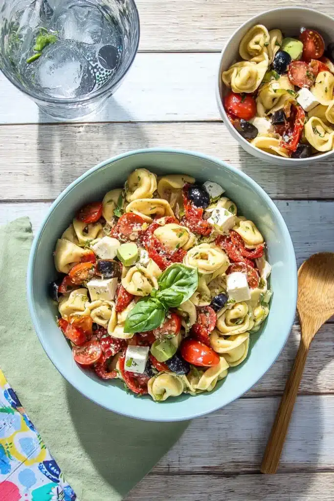 Parmesan Tortellini Salad served in large and small bowls with basil, mozzarella, olives, and tomatoes