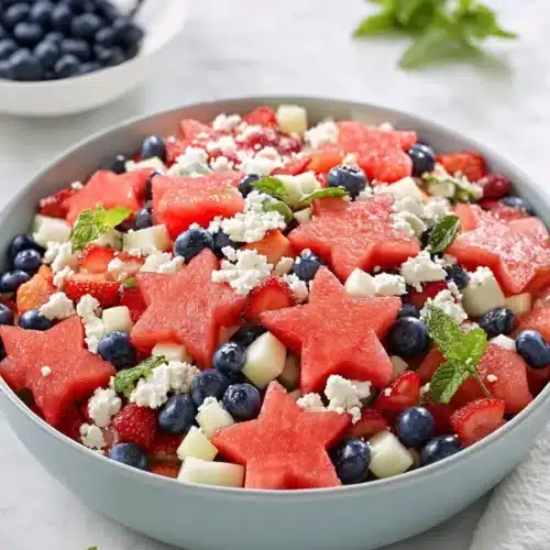 Patriotic Watermelon Fruit Salad 4 Patriotic Watermelon Fruit Salad with berries, feta, and mint