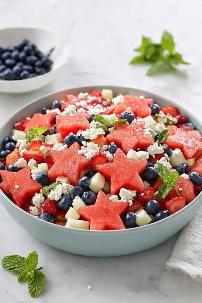 Patriotic Watermelon Fruit Salad 1 Patriotic Watermelon Fruit Salad with berries, feta, and mint