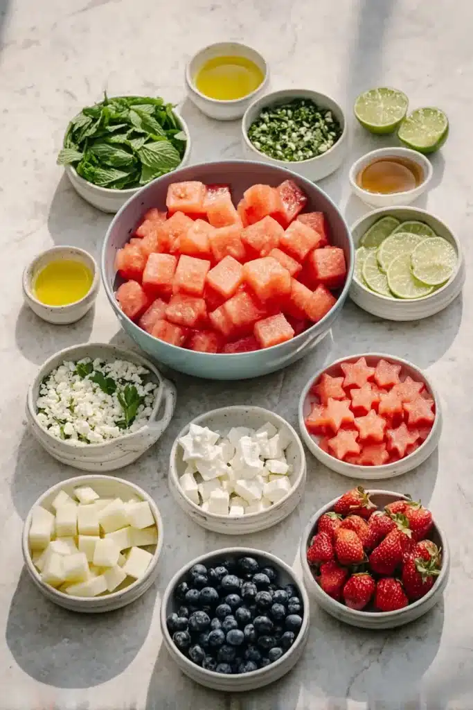 Patriotic Watermelon Fruit Salad 2 Patriotic Watermelon Fruit Salad ingredients in bowls