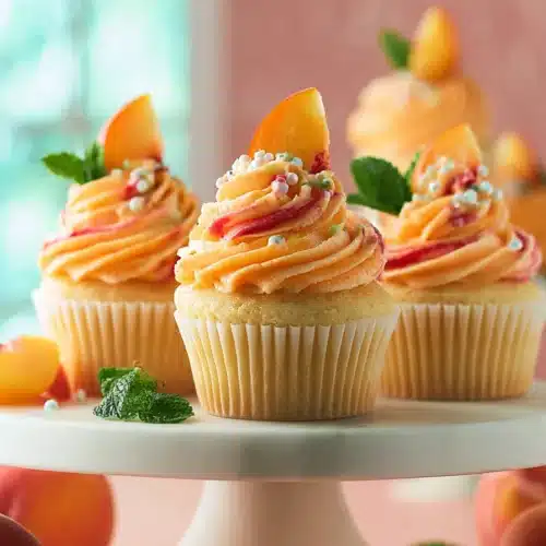 Peach Bellini Cupcakes 8 Peach Bellini Cupcakes with peach buttercream and fresh peach garnish