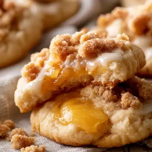 Peach Cobbler Cookies 5 Peach cobbler cookies with peach filling, cinnamon crumble, and vanilla glaze
