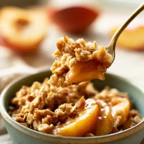 Peach Crisp Recipe 7 Peach crisp with cinnamon oat topping and juicy baked peaches in a rustic bowl