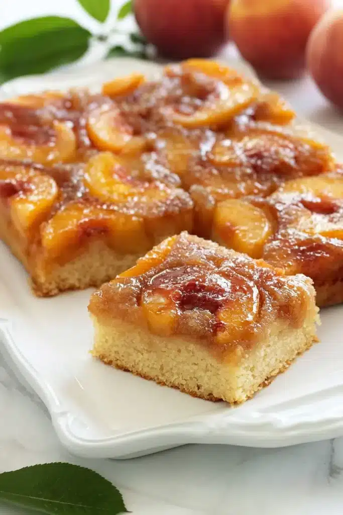 Peach Upside-Down Cake 4 Peach Upside-Down Cake sliced and served with caramelized peaches