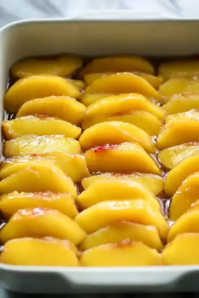 Peach Upside-Down Cake 3 Peach Upside-Down Cake peach slices arranged in baking dish