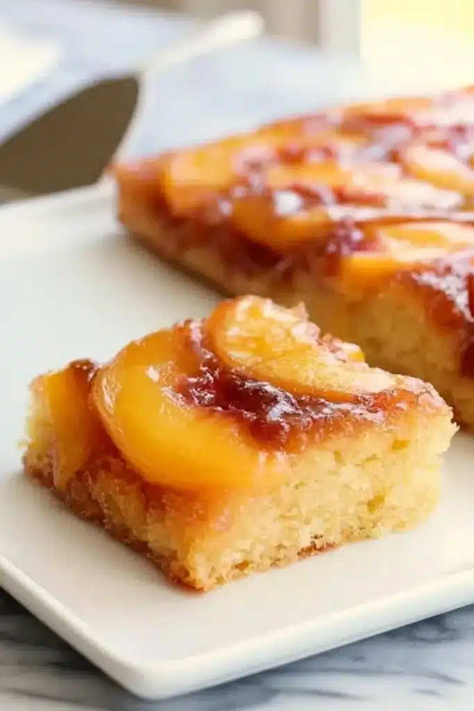 Peach Upside-Down Cake 2 Peach Upside-Down Cake slice with caramelized peach topping