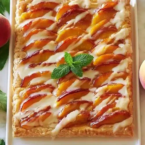 Peach Upside-Down Cake 5 Peach Upside-Down Cake topped with fresh peaches and vanilla glaze