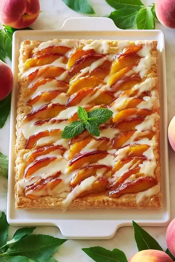 Peach Upside-Down Cake 1 Peach Upside-Down Cake topped with fresh peaches and vanilla glaze