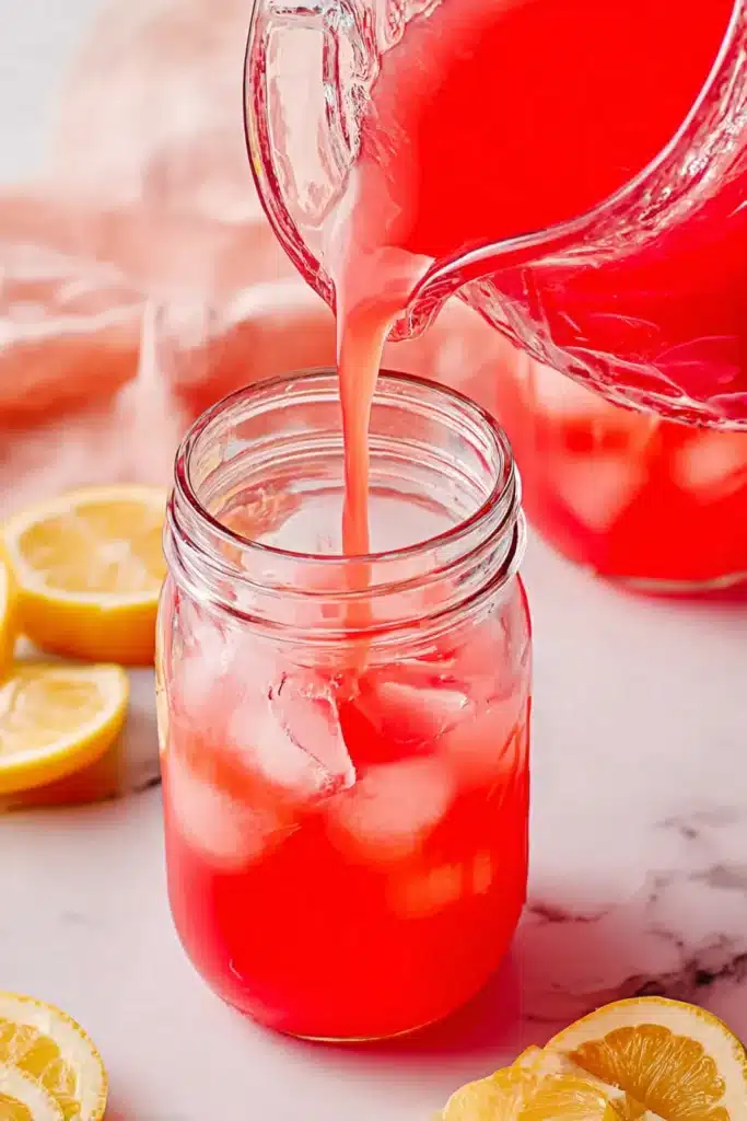 Watermelon Lemonade being poured into a mason jar filled with ice