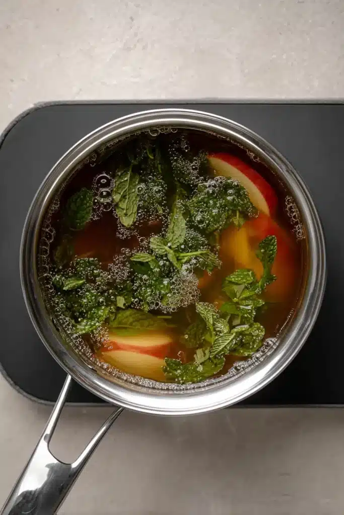 Refreshing Apple Iced Tea brewing with mint leaves and apple slices in a saucepan