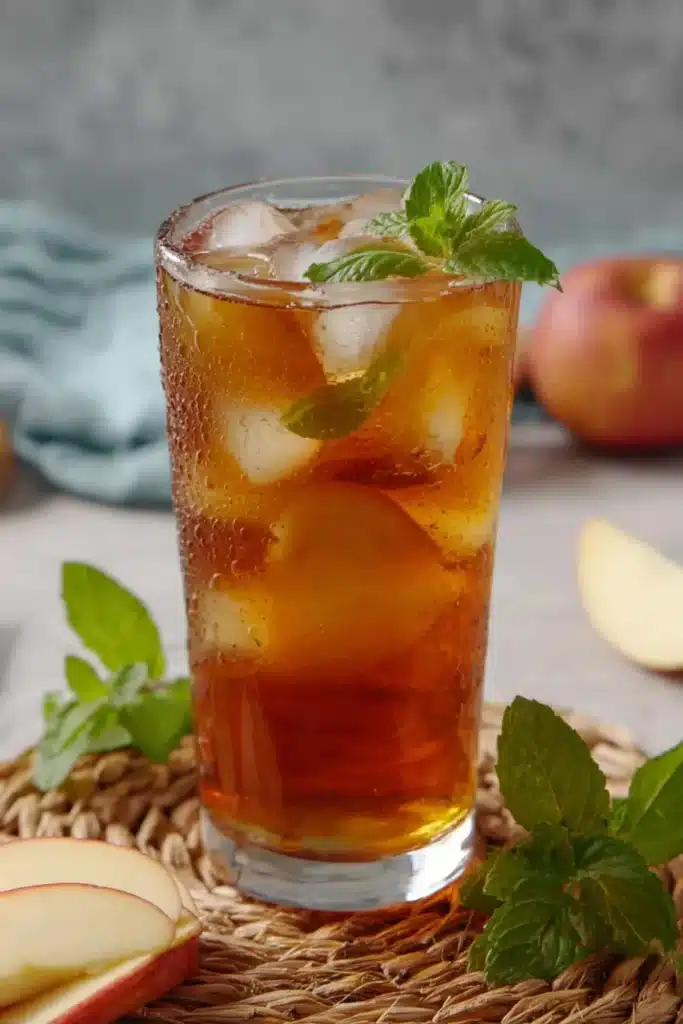 Refreshing Apple Iced Tea with ice cubes, mint leaves, and fresh apple slices