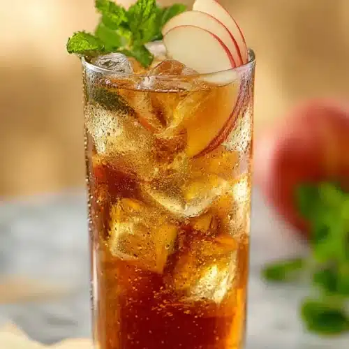 Refreshing apple iced tea with mint leaves, apple slice, and ice cubes in a tall glass