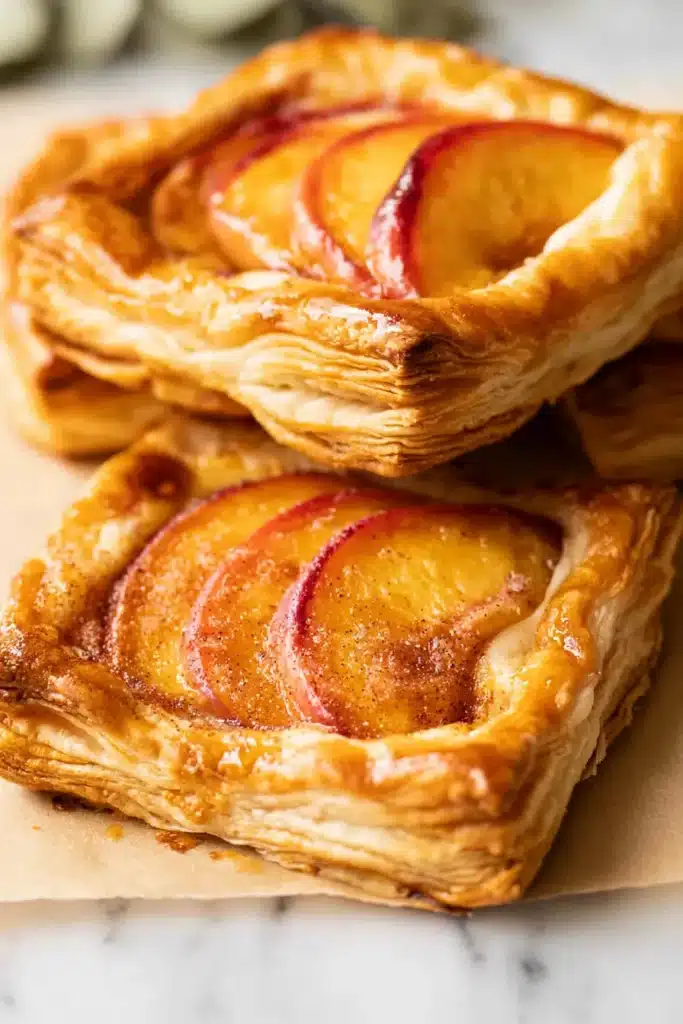 Mini Peach and Cream Cheese Tarts 2 Mini peach and cream cheese tarts with flaky pastry and fresh peach slices