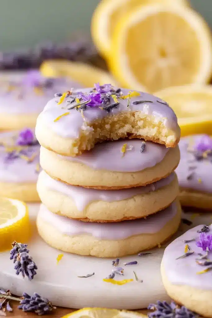 Lemon Lavender Cookies stacked with lavender glaze and soft buttery crumb