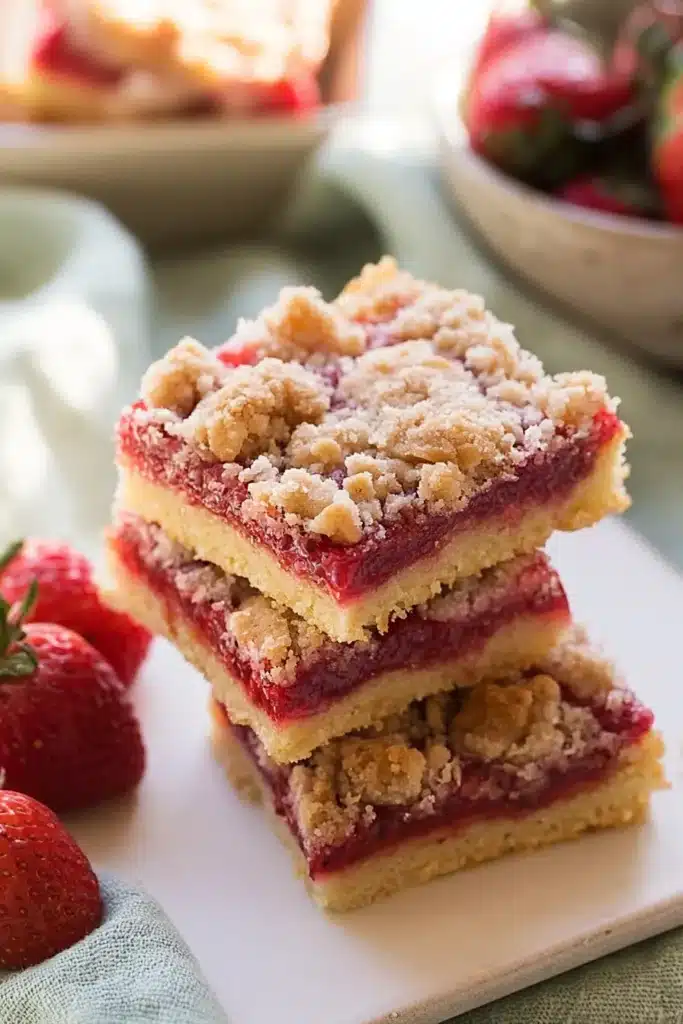 Strawberry Crumb Bars stacked with buttery crust and jammy filling