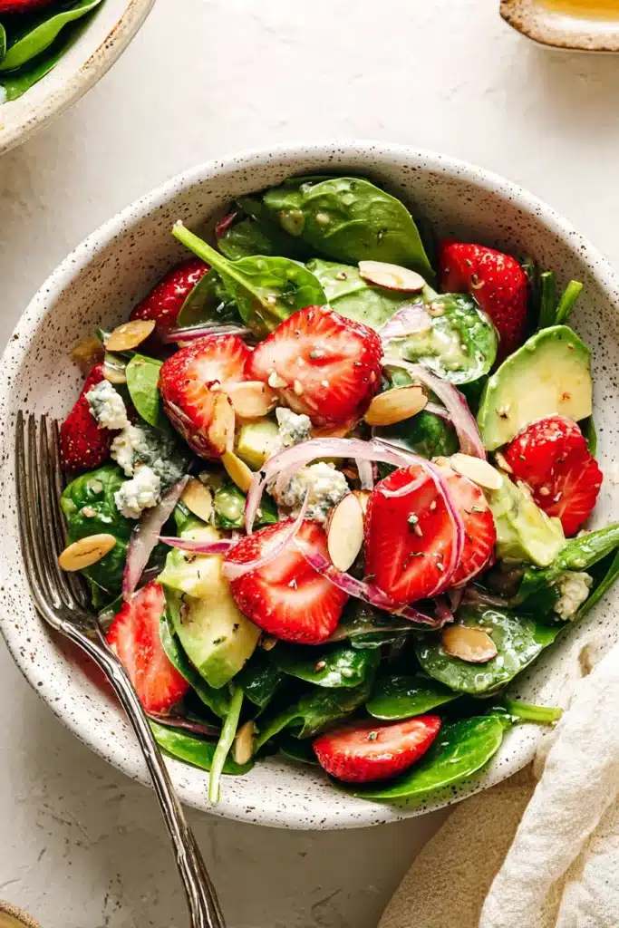 Strawberry Avocado Spinach Salad 3 Strawberry Avocado Spinach Salad served with strawberries, avocado, blue cheese, and almonds