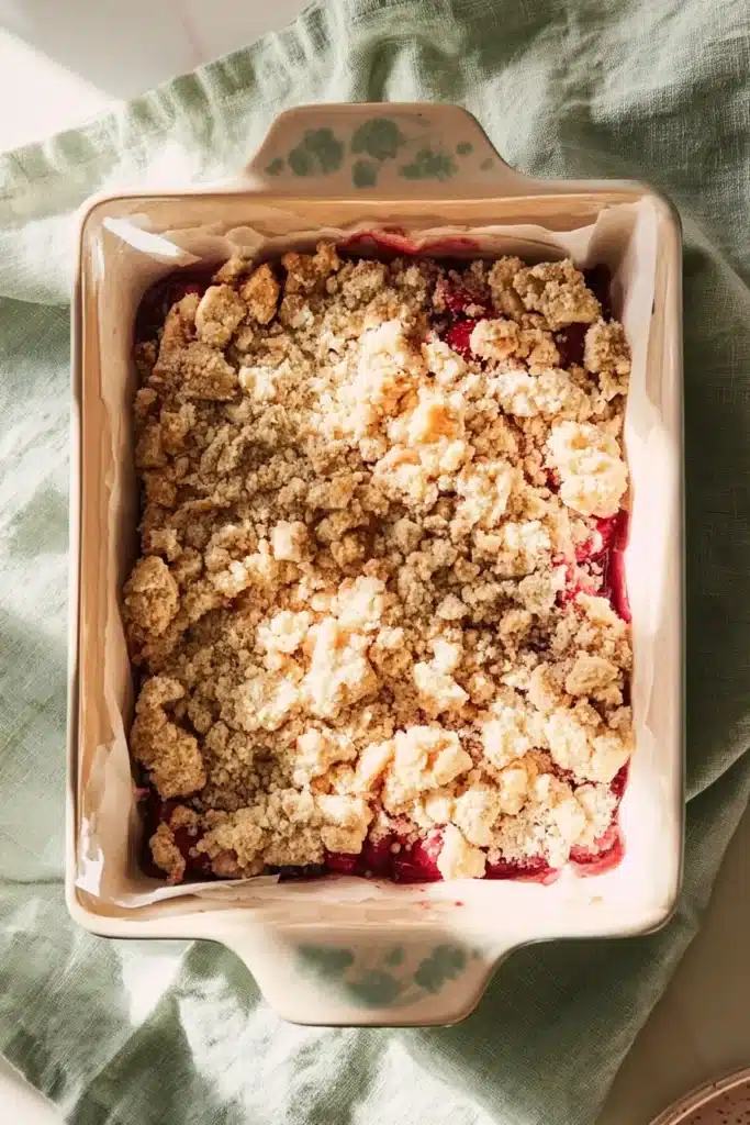 Strawberry Crumb Bars ready to bake with buttery crumb topping