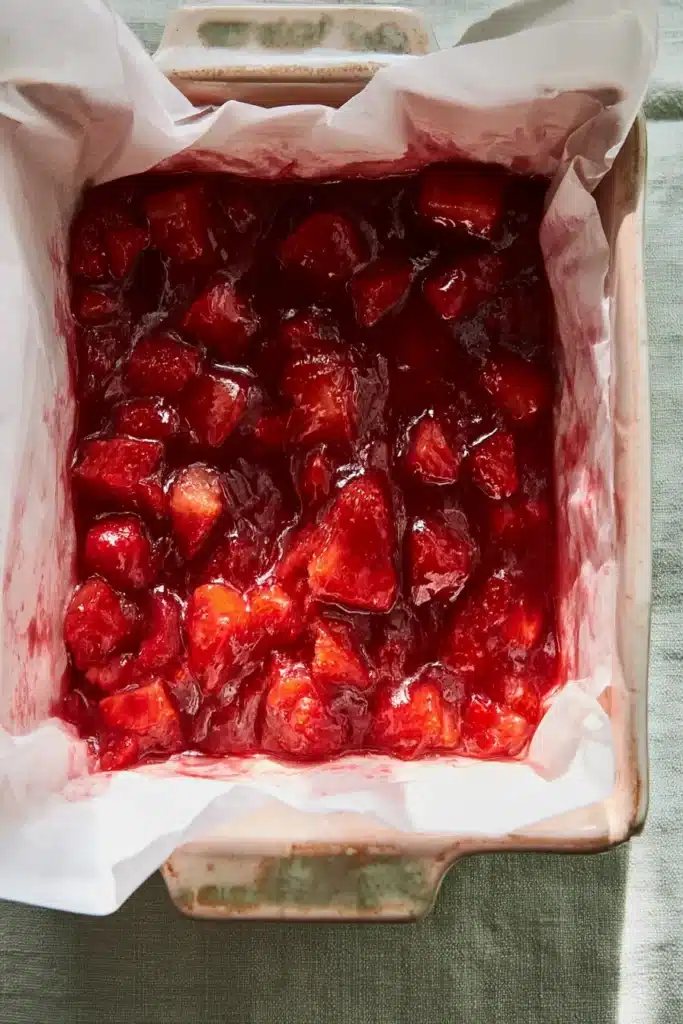 Strawberry Crumb Bars filling with thick jammy strawberry texture