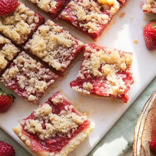 Strawberry crumb bars with buttery topping and fresh strawberry filling