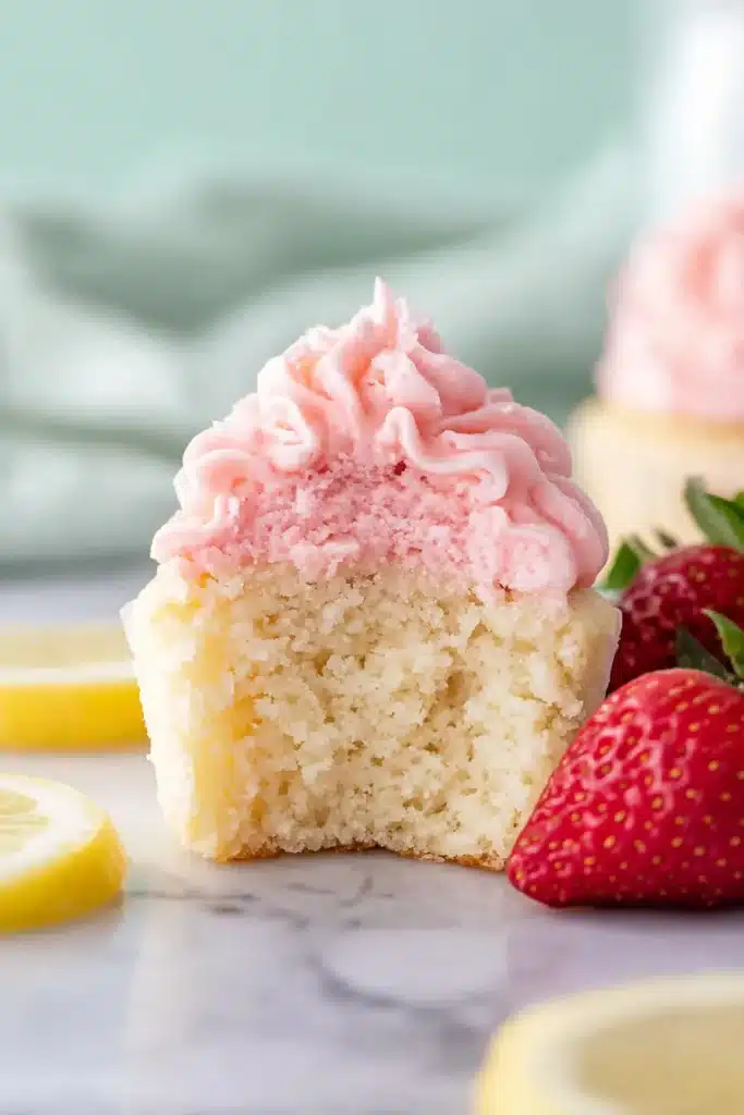 Strawberry Lemonade Cupcakes showing moist lemon crumb and strawberry frosting