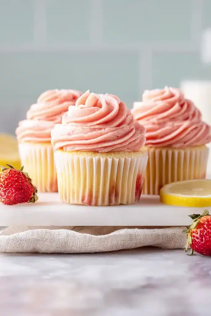 Strawberry Lemonade Cupcakes with pink strawberry buttercream frosting