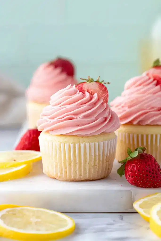 Strawberry lemonade cupcakes with pink strawberry frosting and fresh lemon slices