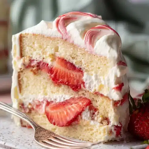 Strawberry Shortcake Layer Cake 7 Strawberry shortcake layer cake slice with whipped cream and fresh berries