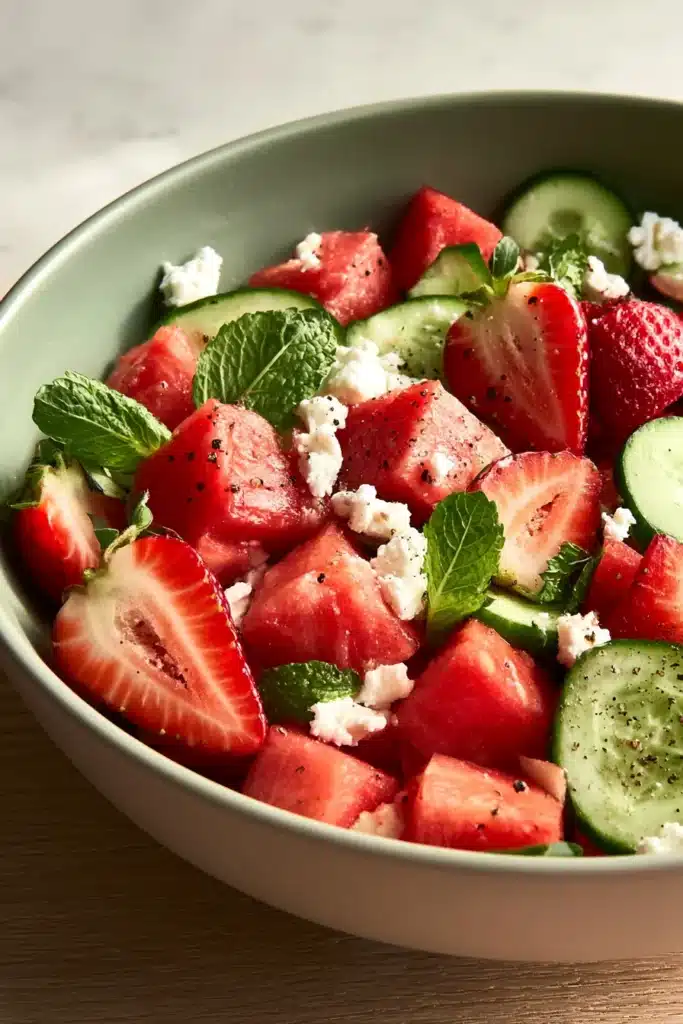Strawberry Watermelon and Cucumber Salad with feta, mint, and fresh summer fruit