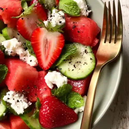 Strawberry Watermelon and Cucumber Salad with feta, mint, cucumber, and fresh fruit