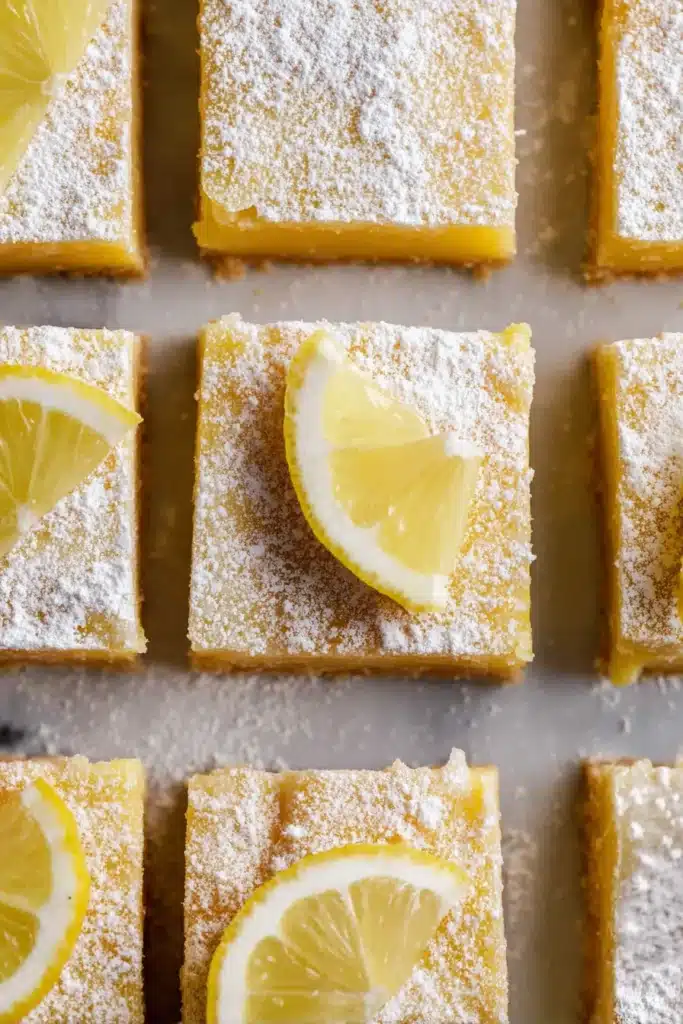 Super Easy Lemon Bars dusted with powdered sugar and fresh lemon wedges