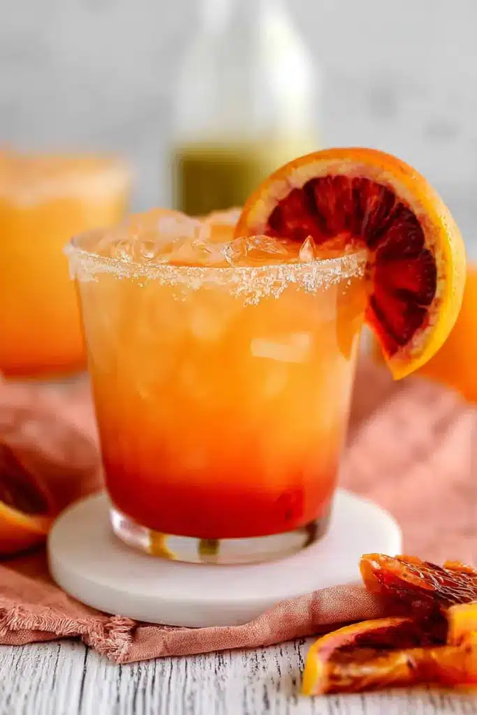 Tequila Sunrise Margarita 2 Tequila Sunrise Margarita with orange garnish and layered sunrise cocktail effect