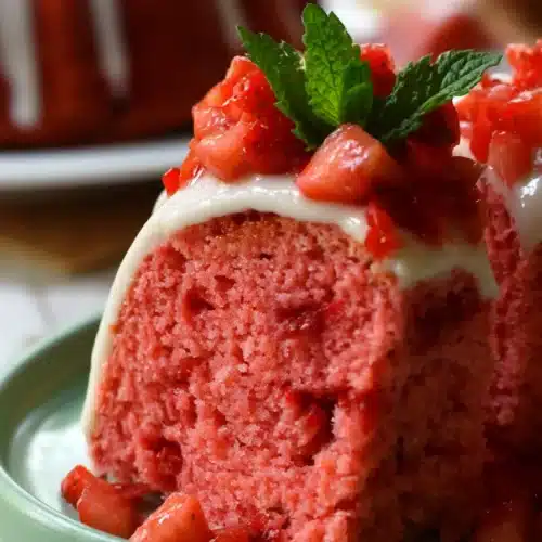 The Strawberry Pound Cake 4 The Strawberry Pound Cake slice with vanilla glaze and fresh strawberries