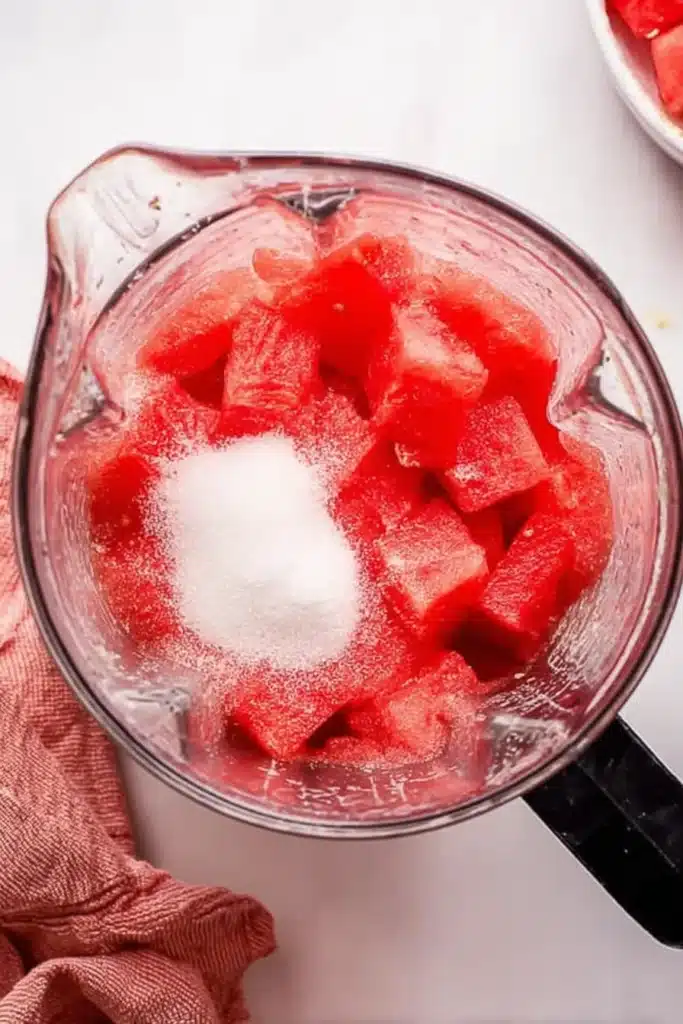 Watermelon Lemonade ingredients in blender with watermelon and sugar