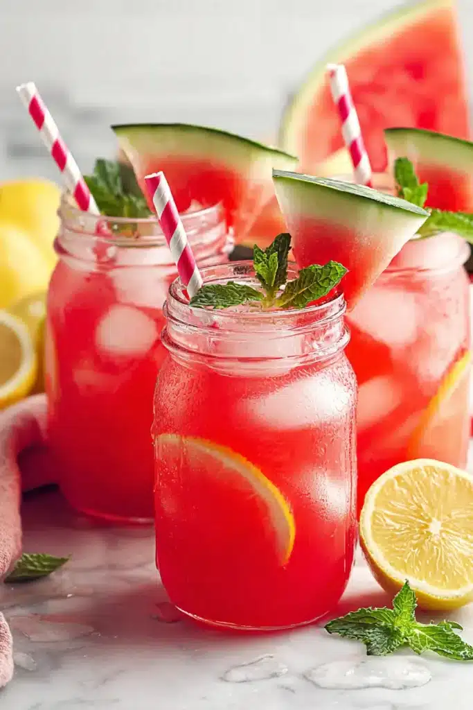 Watermelon Lemonade in mason jars with ice, mint, and watermelon garnish