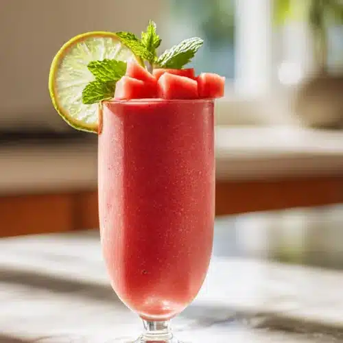 Watermelon Smoothie in a tall glass with fresh mint and lime garnish