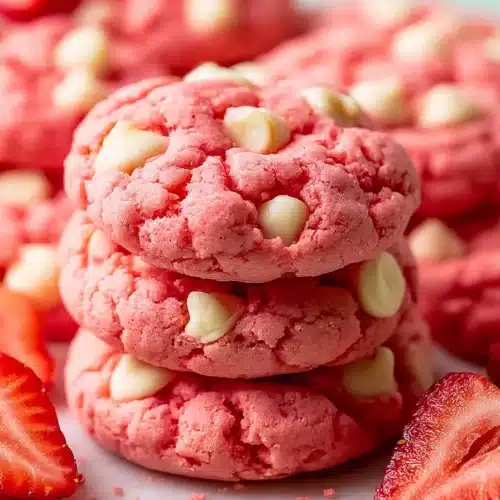 white chocolate chips Strawberry Cookies with soft pink centers and creamy chips