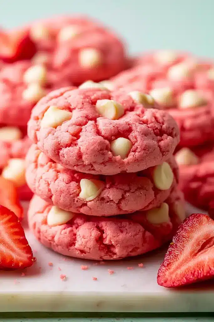 white chocolate chips Strawberry Cookies with soft pink centers and creamy chips