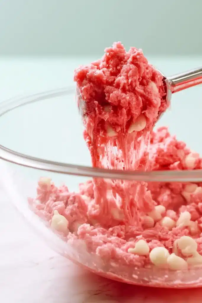 white chocolate chips Strawberry Cookies dough mixed with white chocolate chips