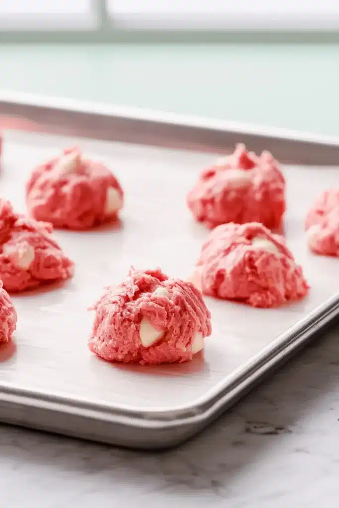 white chocolate chips Strawberry Cookies dough scooped onto baking sheet