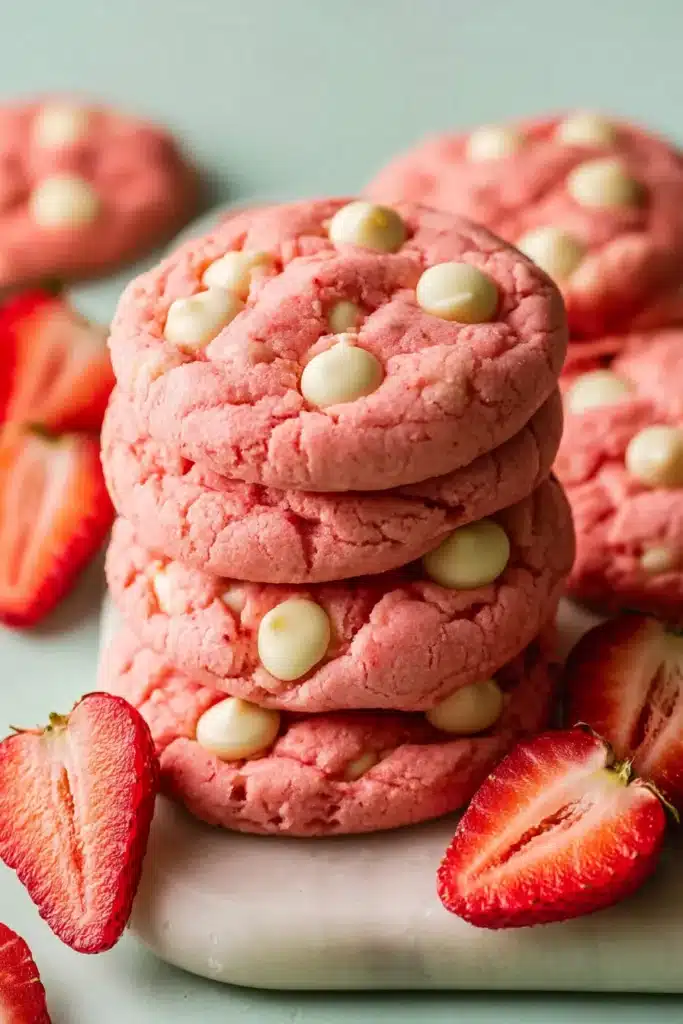 white chocolate chips Strawberry Cookies baked soft with fresh strawberries