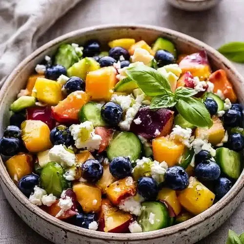 Blueberry Peach Feta Salad (Sweet, Savory, and Refreshing Summer Recipe) 5 Blueberry peach feta salad with cucumbers and basil in a rustic bowl