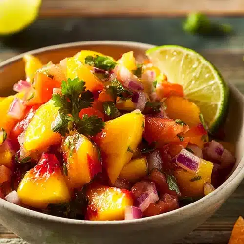 Fresh Peach Salsa Recipe 4 Fresh peach salsa with tomatoes, red onion, cilantro, and lime in a bowl