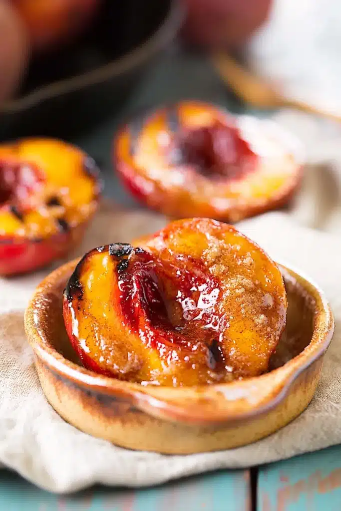 Grilled Peaches with Cinnamon and Brown Sugar in skillet with caramelized glaze