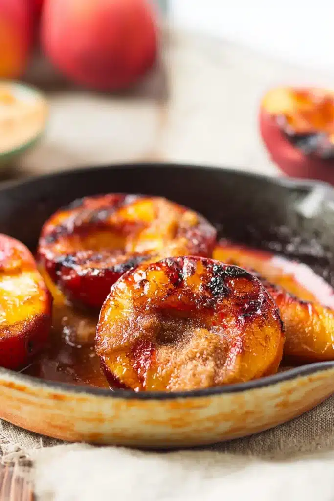 Grilled Peaches with Cinnamon and Brown Sugar caramelizing in skillet