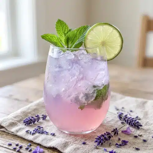 Lavender mojito mocktail with mint, lime, and ice in a tall glass with fresh lavender garnish