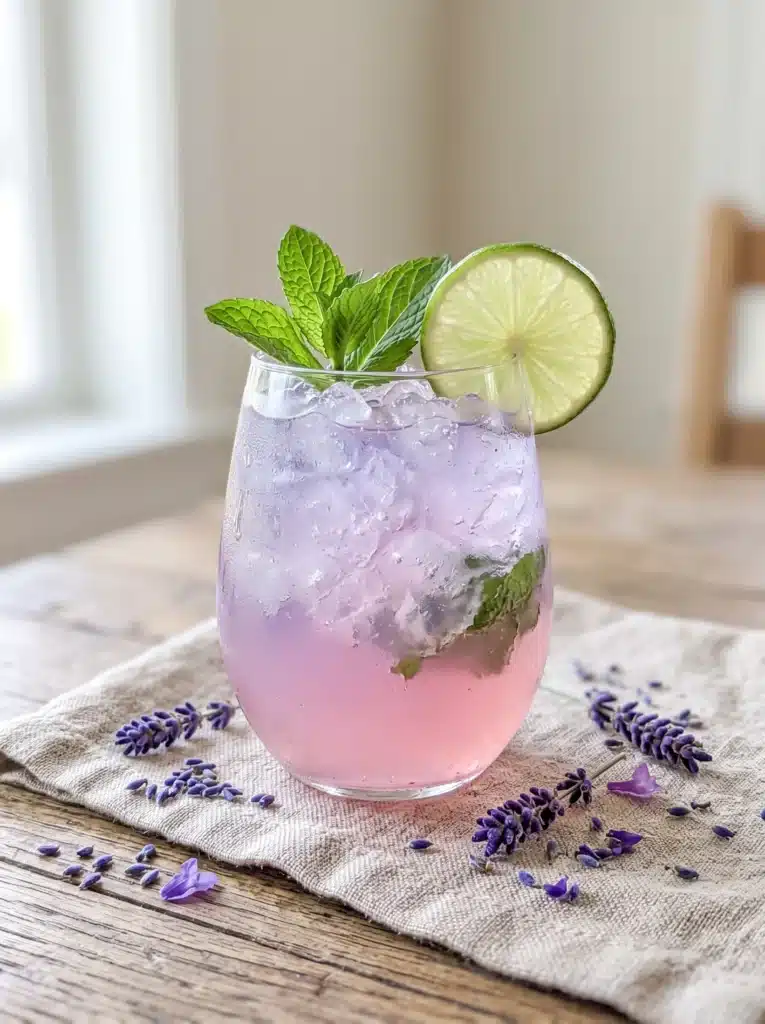 Lavender mojito mocktail with mint, lime, and ice in a tall glass with fresh lavender garnish
