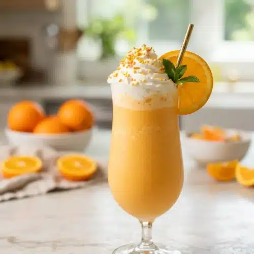 Orange Creamsicle Cocktail Recipe 4 Orange creamsicle cocktail ingredients with vodka, orange soda, ice, whipped cream, and sprinkles