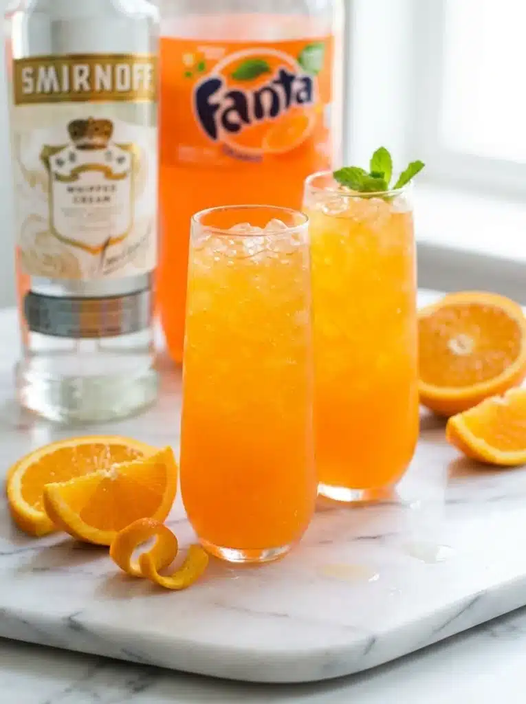 Orange Creamsicle Cocktail Recipe 3 Orange creamsicle cocktail with ice in tall glasses and fresh orange slices on marble surface